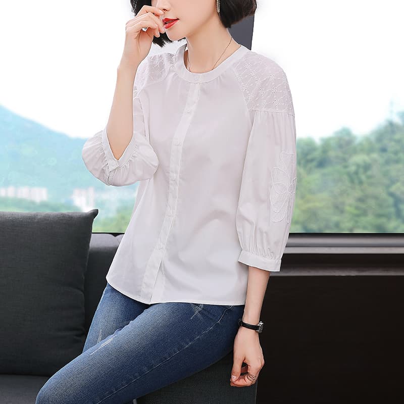 실사 2026 년 가을 새로운 고유 한 Chic 프랑스식 7부 소매 셔츠 맨위 화이트 주간 실크 여성 셔츠 이미지 4