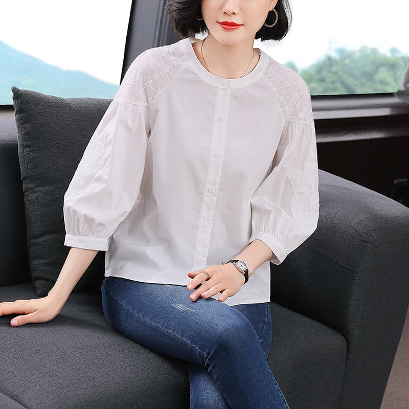 실사 2026 년 가을 새로운 고유 한 Chic 프랑스식 7부 소매 셔츠 맨위 화이트 주간 실크 여성 셔츠 이미지 3