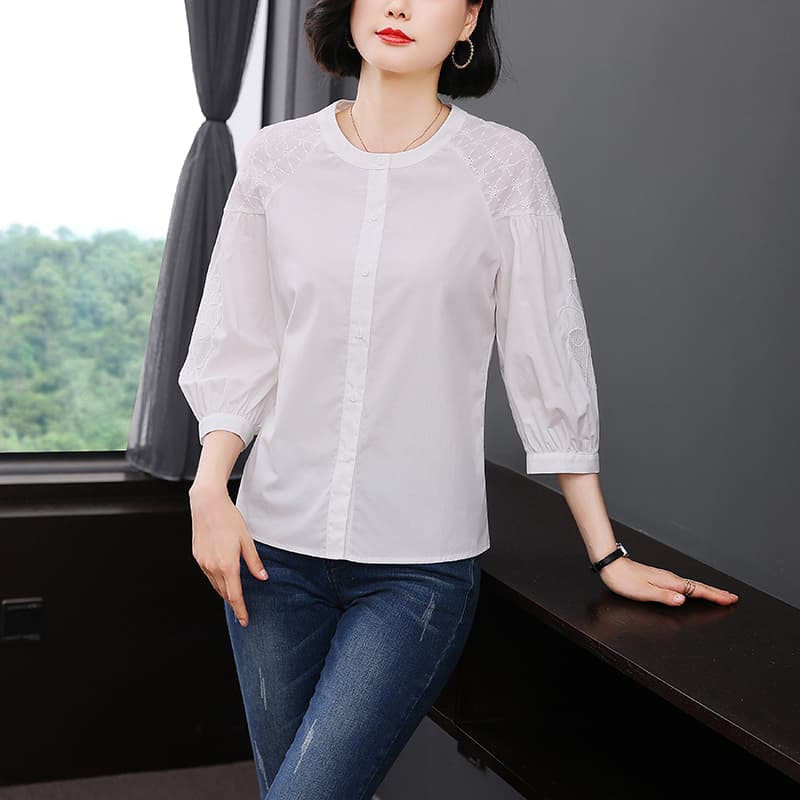 실사 2026 년 가을 새로운 고유 한 Chic 프랑스식 7부 소매 셔츠 맨위 화이트 주간 실크 여성 셔츠 이미지 5
