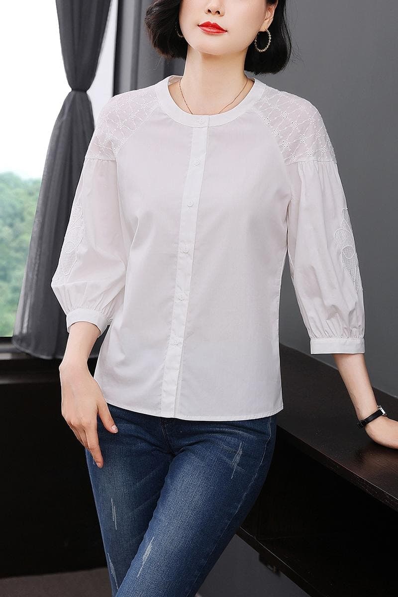 실사 2026 년 가을 새로운 고유 한 Chic 프랑스식 7부 소매 셔츠 맨위 화이트 주간 실크 여성 셔츠 이미지 7