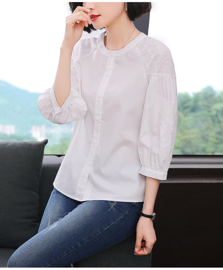 실사 2026 년 가을 새로운 고유 한 Chic 프랑스식 7부 소매 셔츠 맨위 화이트 주간 실크 여성 셔츠 상세 이미지 8