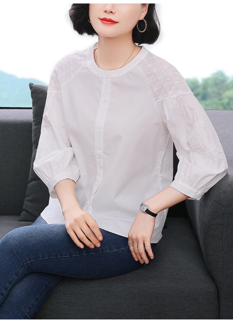 실사 2026 년 가을 새로운 고유 한 Chic 프랑스식 7부 소매 셔츠 맨위 화이트 주간 실크 여성 셔츠 상세 이미지 10