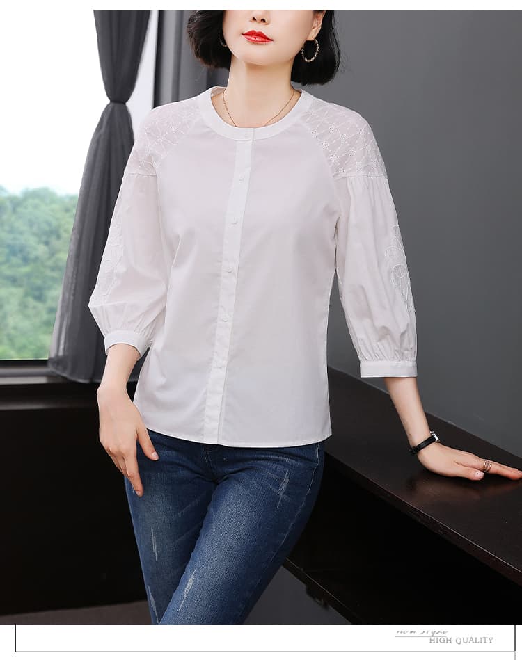 실사 2026 년 가을 새로운 고유 한 Chic 프랑스식 7부 소매 셔츠 맨위 화이트 주간 실크 여성 셔츠 상세 이미지 11