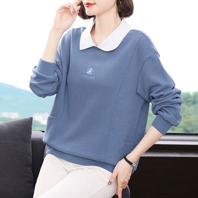 2026 가을 새로운 루즈핏 한국 스타일 슬림해 보이는 이른 가을 폴로 칼라 후드티 여성 외국 가스 엄마 맨위 풀오버 재킷 이미지 4