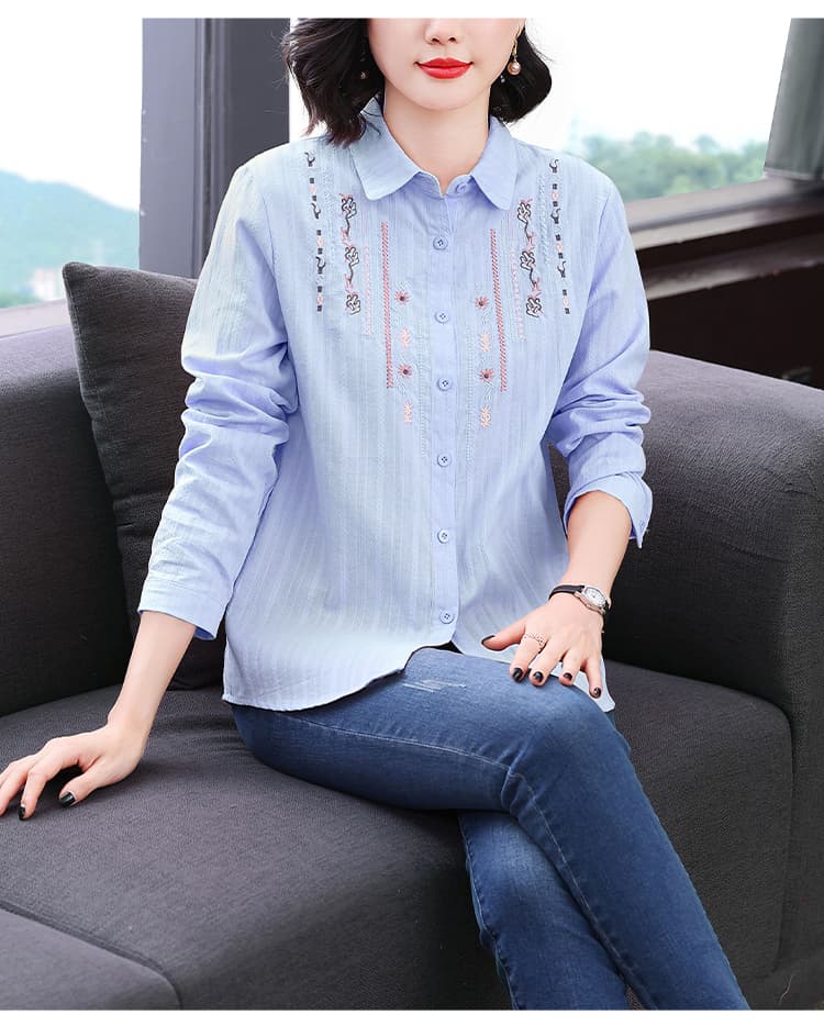 패션 순면 여성 셔츠 2026 가을 새로운 캐주얼 루즈핏 중년 어머니 드레스 외국 가스 면 100% 긴팔 셔츠 상세 이미지 17