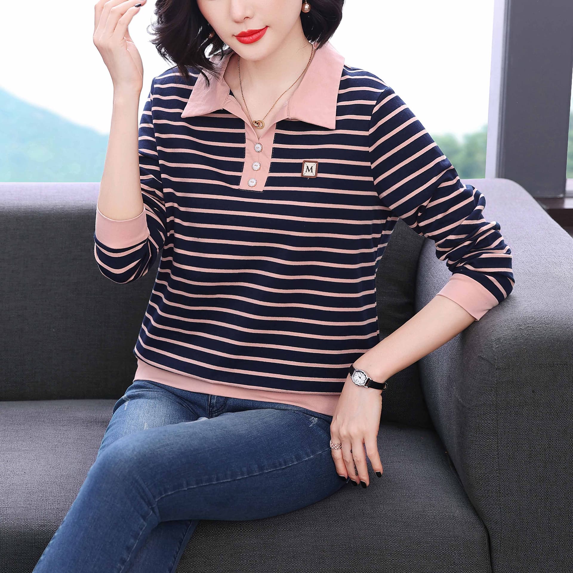 순면 패치워크 색상 스트라이프 긴팔 티셔츠 여성 가을 의상 새로운 폴로 칼라 연령 감소 맨위 중년 어머니 드레스 외국 가스 맨위 이미지 2