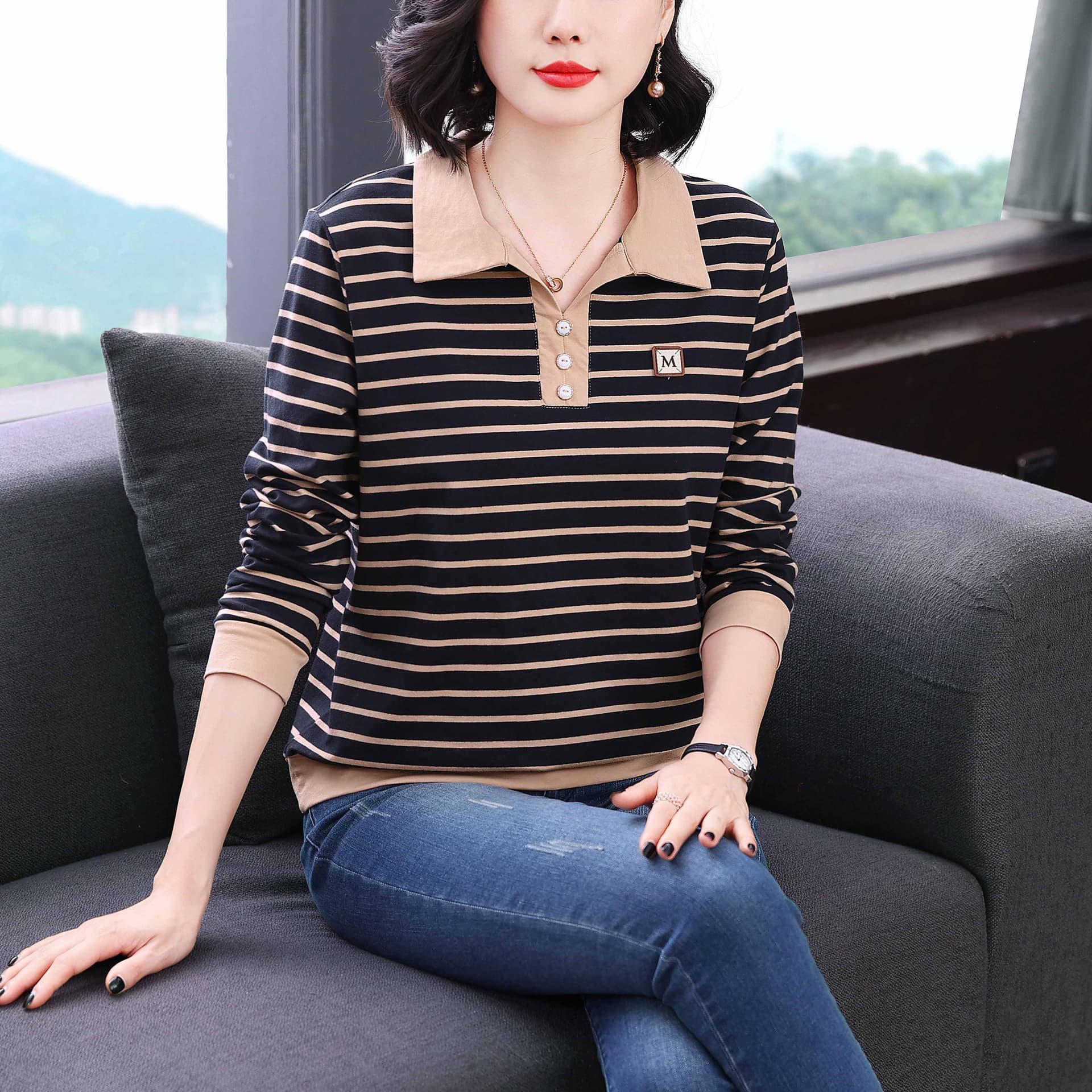 순면 패치워크 색상 스트라이프 긴팔 티셔츠 여성 가을 의상 새로운 폴로 칼라 연령 감소 맨위 중년 어머니 드레스 외국 가스 맨위 이미지 3