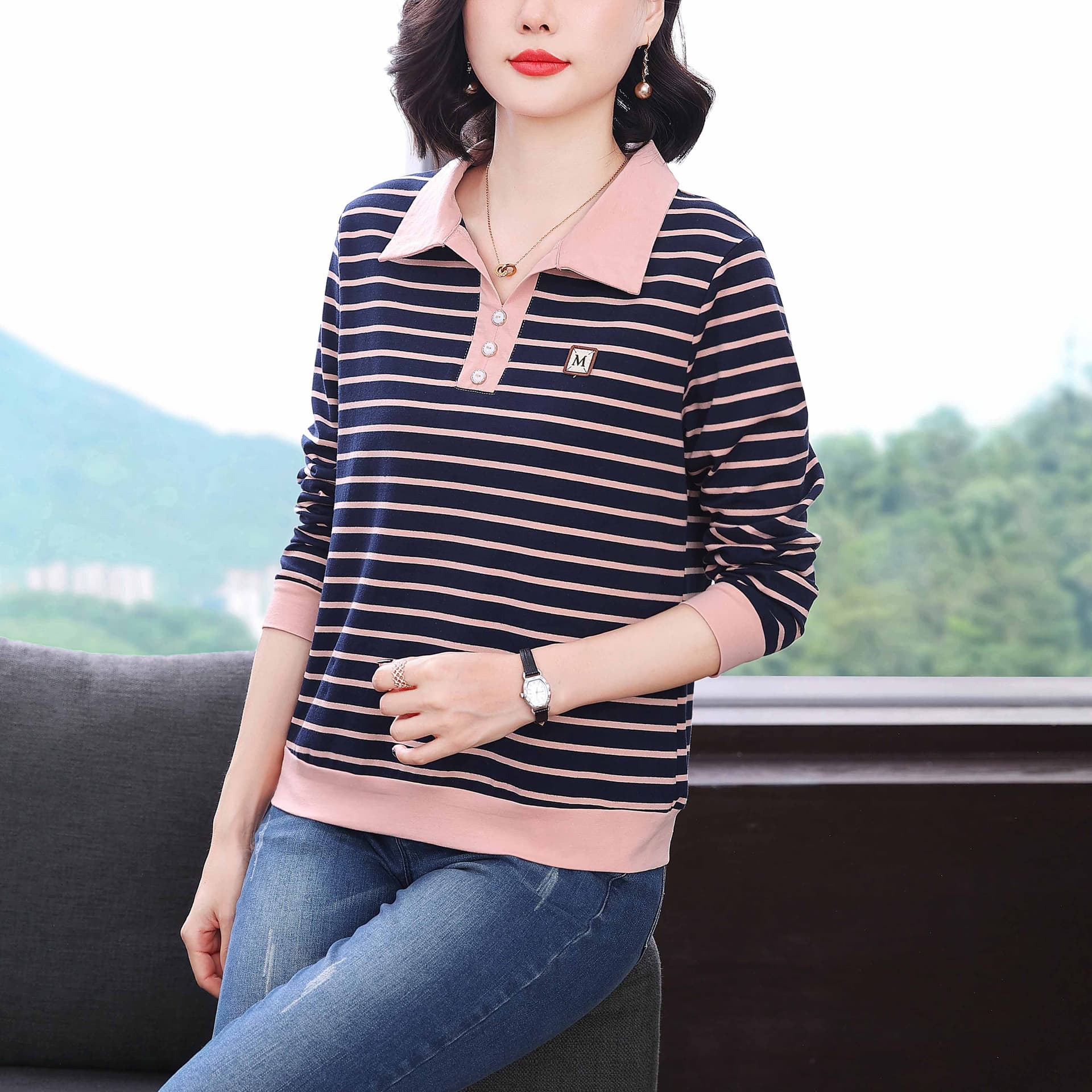 순면 패치워크 색상 스트라이프 긴팔 티셔츠 여성 가을 의상 새로운 폴로 칼라 연령 감소 맨위 중년 어머니 드레스 외국 가스 맨위 이미지 4
