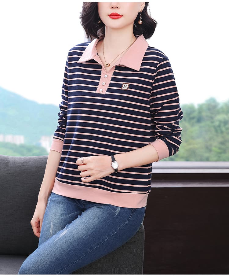 순면 패치워크 색상 스트라이프 긴팔 티셔츠 여성 가을 의상 새로운 폴로 칼라 연령 감소 맨위 중년 어머니 드레스 외국 가스 맨위 상세 이미지 10