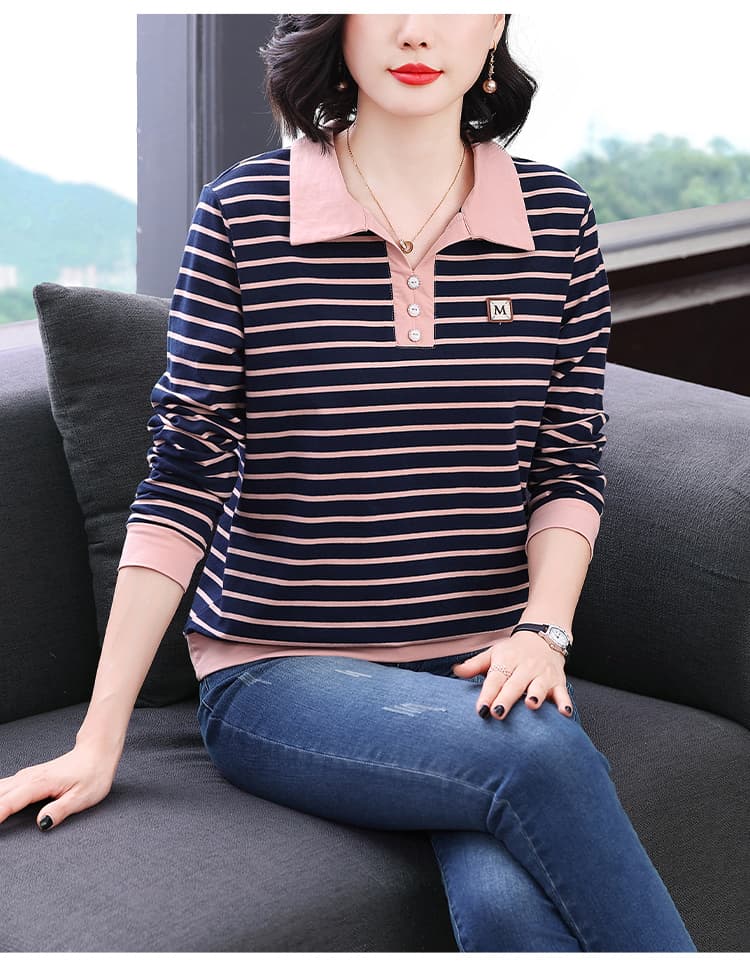순면 패치워크 색상 스트라이프 긴팔 티셔츠 여성 가을 의상 새로운 폴로 칼라 연령 감소 맨위 중년 어머니 드레스 외국 가스 맨위 상세 이미지 11
