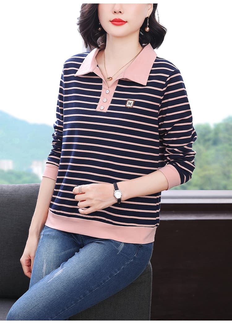 순면 패치워크 색상 스트라이프 긴팔 티셔츠 여성 가을 의상 새로운 폴로 칼라 연령 감소 맨위 중년 어머니 드레스 외국 가스 맨위 상세 이미지 12