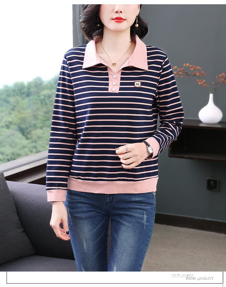 순면 패치워크 색상 스트라이프 긴팔 티셔츠 여성 가을 의상 새로운 폴로 칼라 연령 감소 맨위 중년 어머니 드레스 외국 가스 맨위 상세 이미지 13