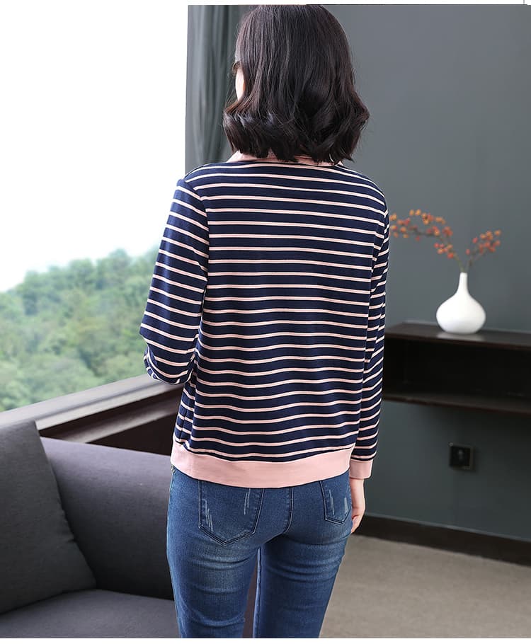 순면 패치워크 색상 스트라이프 긴팔 티셔츠 여성 가을 의상 새로운 폴로 칼라 연령 감소 맨위 중년 어머니 드레스 외국 가스 맨위 상세 이미지 14