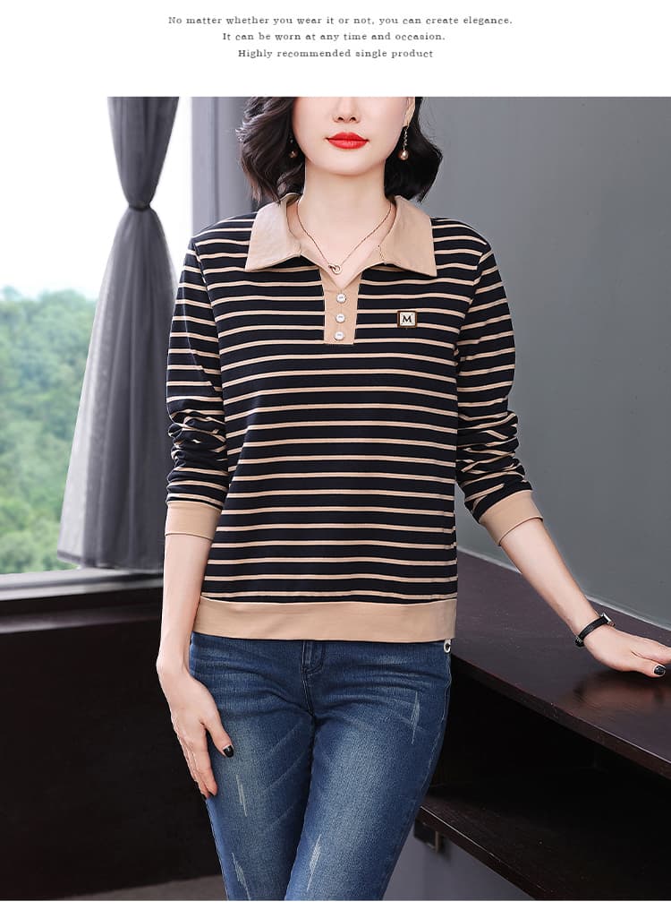 순면 패치워크 색상 스트라이프 긴팔 티셔츠 여성 가을 의상 새로운 폴로 칼라 연령 감소 맨위 중년 어머니 드레스 외국 가스 맨위 상세 이미지 15