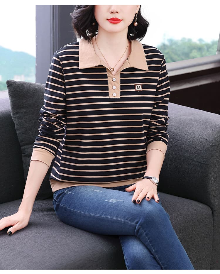 순면 패치워크 색상 스트라이프 긴팔 티셔츠 여성 가을 의상 새로운 폴로 칼라 연령 감소 맨위 중년 어머니 드레스 외국 가스 맨위 상세 이미지 17