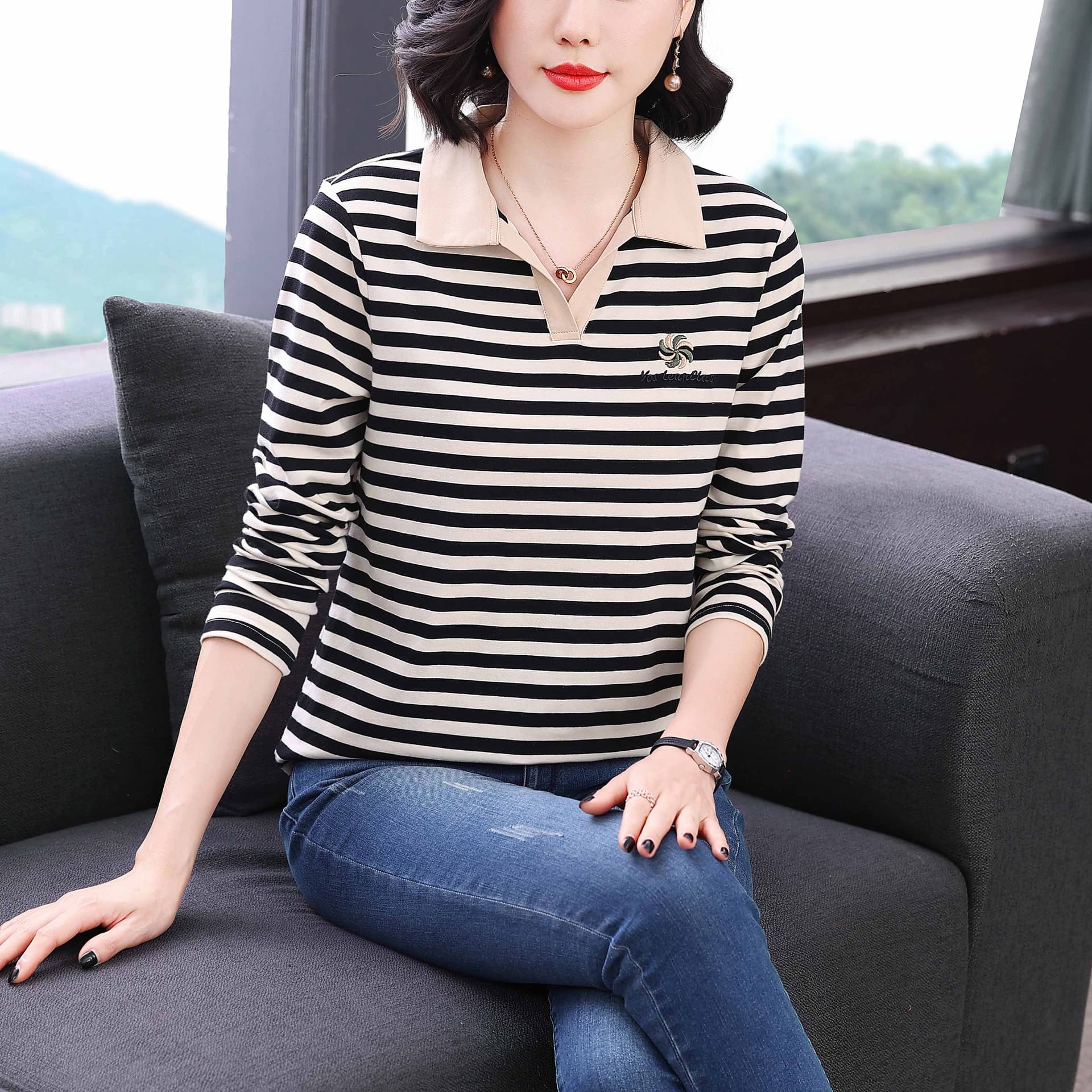 2026 년 새로운 가을 다용도 폴로 칼라 popl 셔츠 여성 있음 칼라 스트라이프 긴팔 티셔츠 여성 순면 배색 맨위 이미지 3