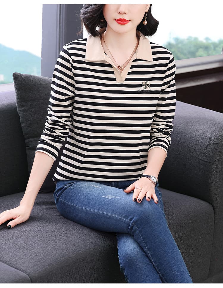 2026 년 새로운 가을 다용도 폴로 칼라 popl 셔츠 여성 있음 칼라 스트라이프 긴팔 티셔츠 여성 순면 배색 맨위 상세 이미지 10