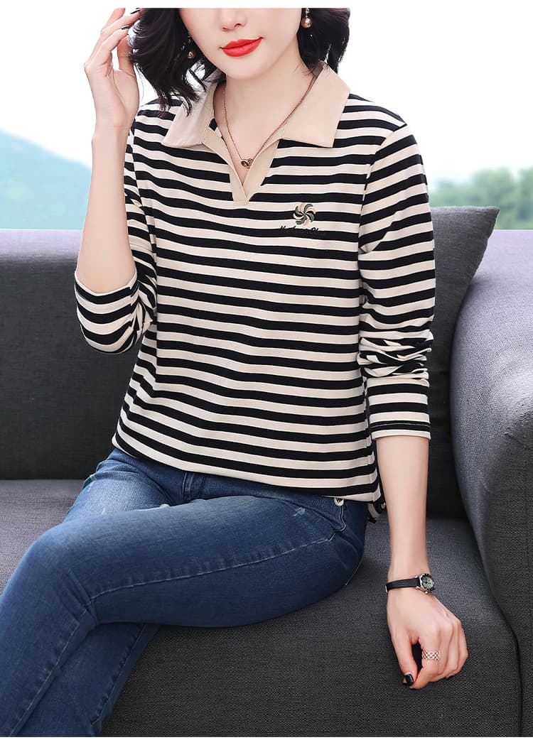 2026 년 새로운 가을 다용도 폴로 칼라 popl 셔츠 여성 있음 칼라 스트라이프 긴팔 티셔츠 여성 순면 배색 맨위 상세 이미지 11