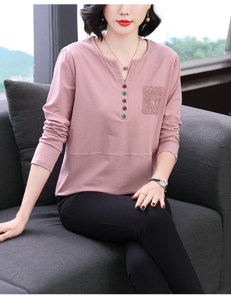 2026 가을 새로운 순면 긴팔 티셔츠 여성 엄마 자수 캐주얼 루즈핏 색상 버클 장식 만나는 외출용 맨위 상세 이미지 11