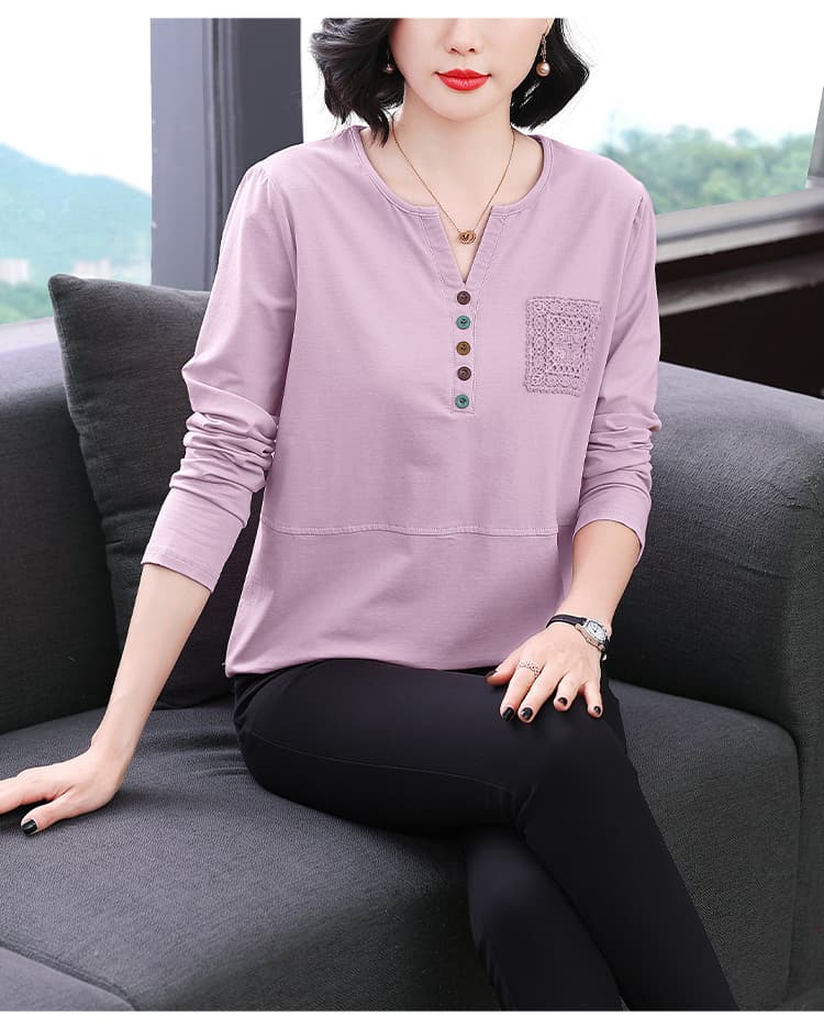 2026 가을 새로운 순면 긴팔 티셔츠 여성 엄마 자수 캐주얼 루즈핏 색상 버클 장식 만나는 외출용 맨위 상세 이미지 17