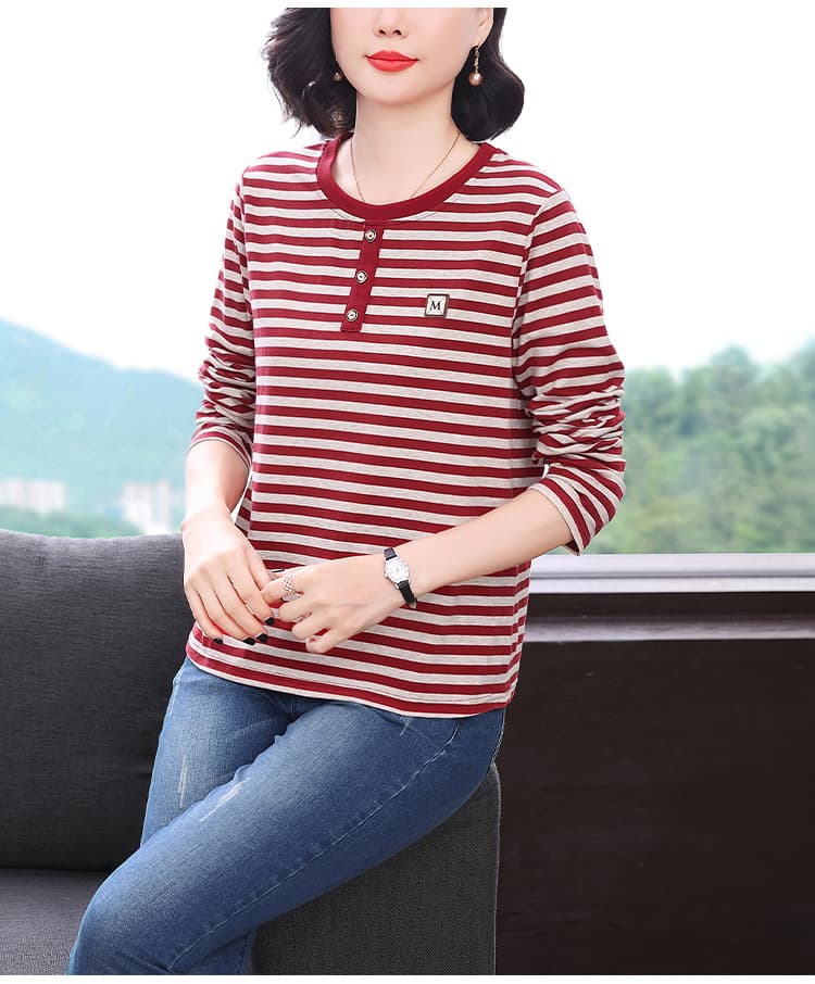 2026 가을 새로운 스트라이프 순면 긴팔 티셔츠 여성 레저 패션 외국 가스 중노년 어머니 드레스 맨위 상세 이미지 11