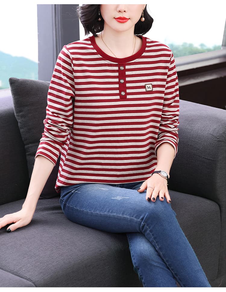2026 가을 새로운 스트라이프 순면 긴팔 티셔츠 여성 레저 패션 외국 가스 중노년 어머니 드레스 맨위 상세 이미지 12