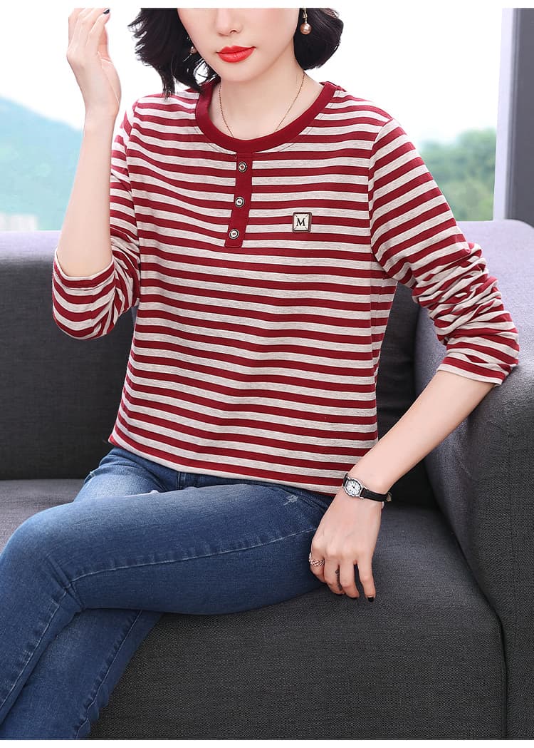 2026 가을 새로운 스트라이프 순면 긴팔 티셔츠 여성 레저 패션 외국 가스 중노년 어머니 드레스 맨위 상세 이미지 13