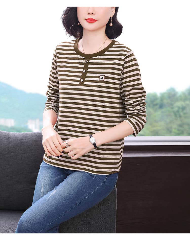 2026 가을 새로운 스트라이프 순면 긴팔 티셔츠 여성 레저 패션 외국 가스 중노년 어머니 드레스 맨위 상세 이미지 17