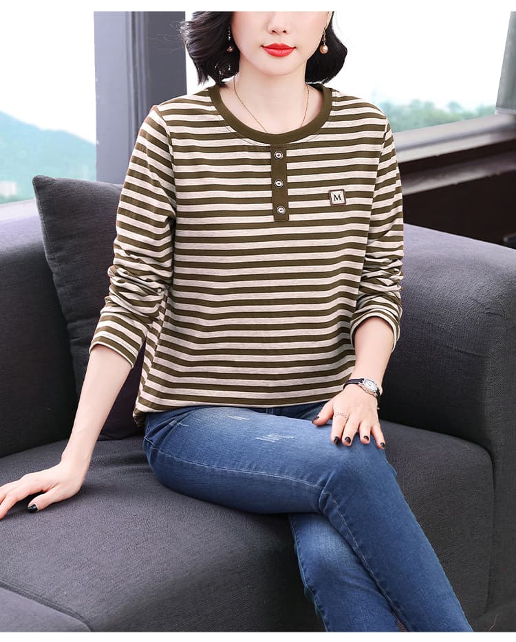 2026 가을 새로운 스트라이프 순면 긴팔 티셔츠 여성 레저 패션 외국 가스 중노년 어머니 드레스 맨위 상세 이미지 18