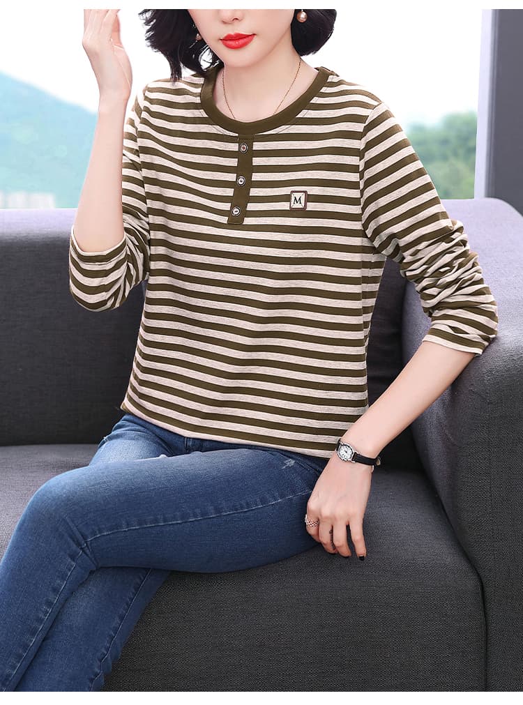 2026 가을 새로운 스트라이프 순면 긴팔 티셔츠 여성 레저 패션 외국 가스 중노년 어머니 드레스 맨위 상세 이미지 19