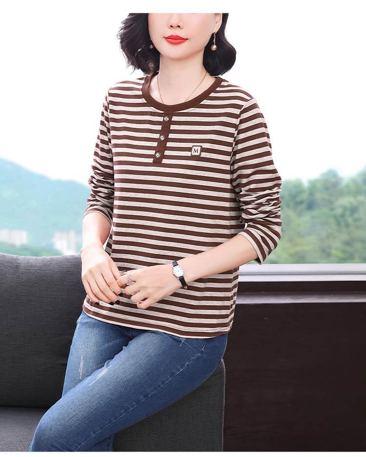 2026 가을 새로운 스트라이프 순면 긴팔 티셔츠 여성 레저 패션 외국 가스 중노년 어머니 드레스 맨위 상세 이미지 21