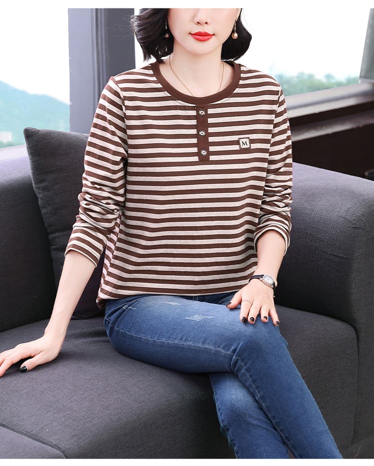 2026 가을 새로운 스트라이프 순면 긴팔 티셔츠 여성 레저 패션 외국 가스 중노년 어머니 드레스 맨위 상세 이미지 22