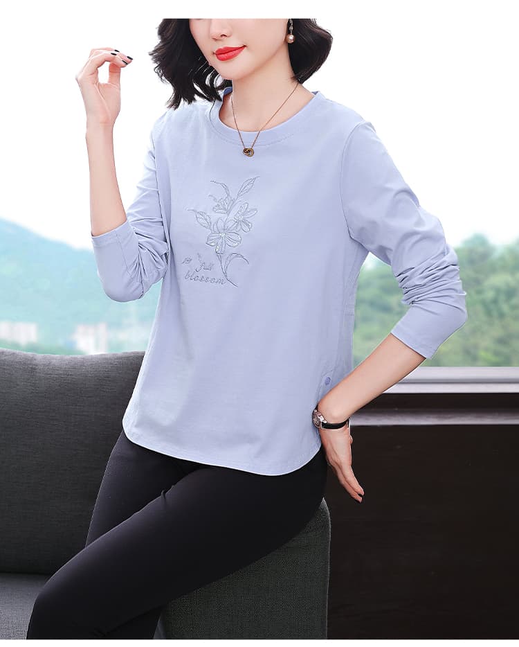 순면 긴팔 티셔츠 여성 가을 2026 년 새로운 루즈핏 구슬 조각 자수 맨위 어머니 드레스 여성 티셔츠 상세 이미지 16