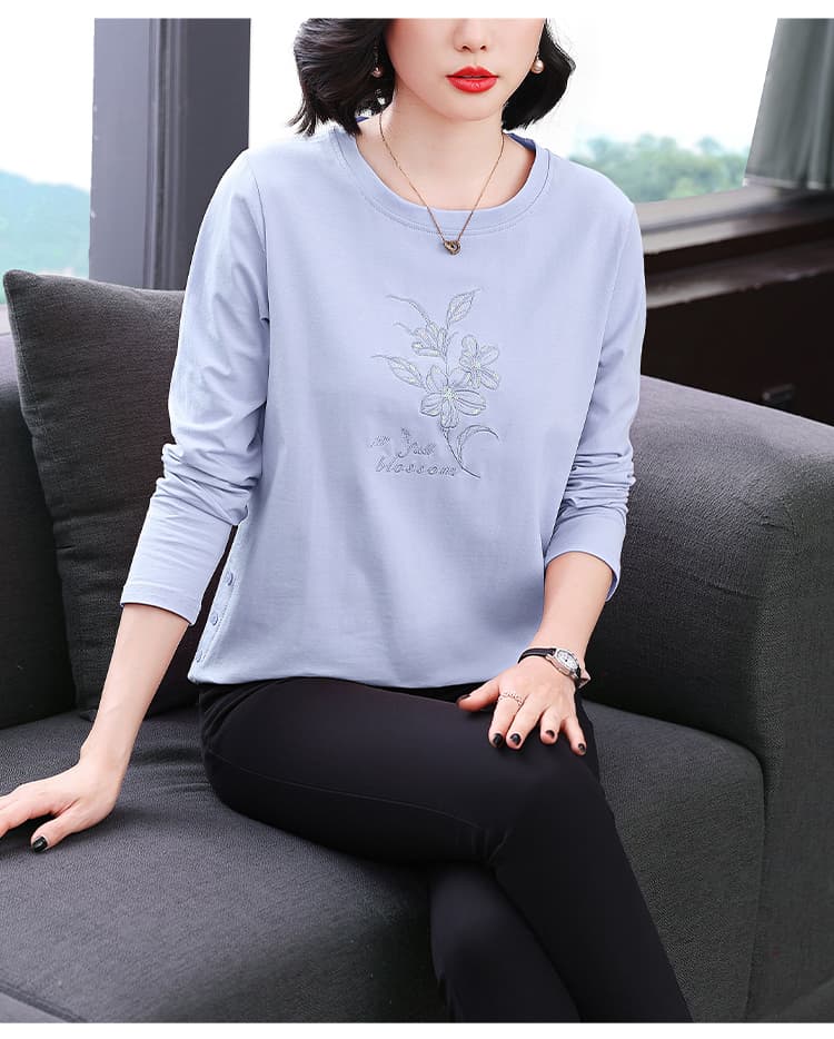 순면 긴팔 티셔츠 여성 가을 2026 년 새로운 루즈핏 구슬 조각 자수 맨위 어머니 드레스 여성 티셔츠 상세 이미지 17