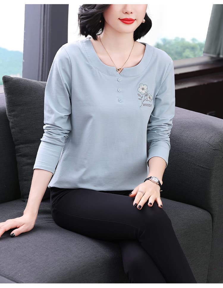 2026 가을 새로운 긴팔 티셔츠 여성 루즈핏 빅 사이즈 엄마 순면 자수 맨위 여성 슬림해 보이는 쇼트 스타일 작은 셔츠 상세 이미지 11