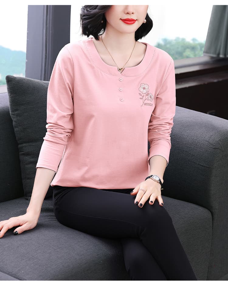 2026 가을 새로운 긴팔 티셔츠 여성 루즈핏 빅 사이즈 엄마 순면 자수 맨위 여성 슬림해 보이는 쇼트 스타일 작은 셔츠 상세 이미지 17