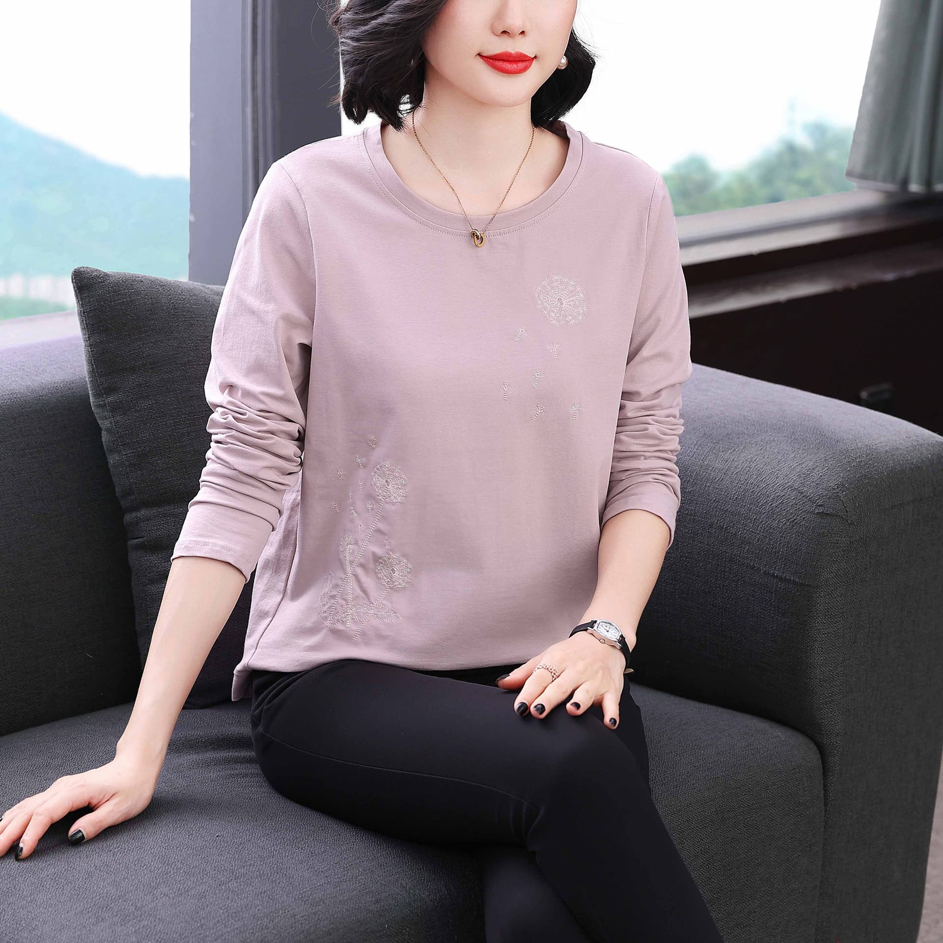 버터 과일 녹색 긴팔 티셔츠 여성 민들레 패턴 자수 2026 봄 가을 새로운 엄마 엄마 순면 맨위 이미지 3