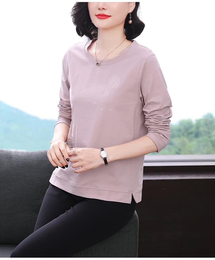 버터 과일 녹색 긴팔 티셔츠 여성 민들레 패턴 자수 2026 봄 가을 새로운 엄마 엄마 순면 맨위 상세 이미지 10
