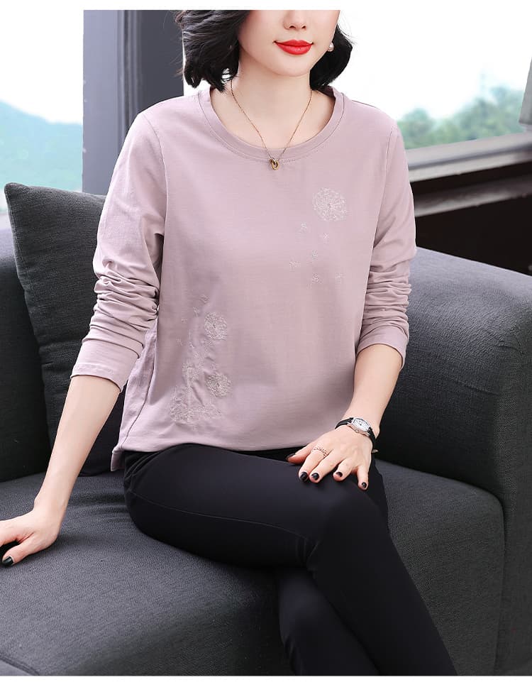 버터 과일 녹색 긴팔 티셔츠 여성 민들레 패턴 자수 2026 봄 가을 새로운 엄마 엄마 순면 맨위 상세 이미지 11