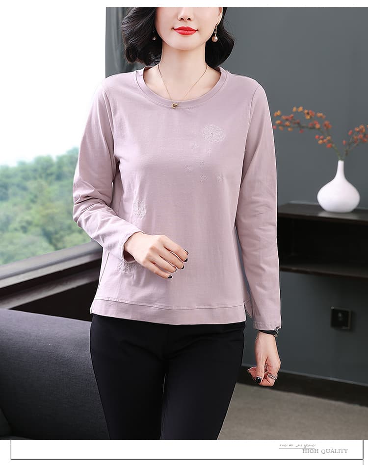 버터 과일 녹색 긴팔 티셔츠 여성 민들레 패턴 자수 2026 봄 가을 새로운 엄마 엄마 순면 맨위 상세 이미지 13
