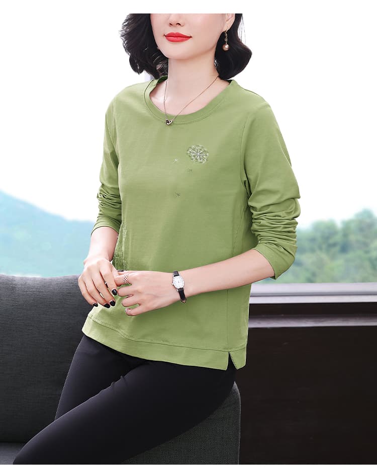 버터 과일 녹색 긴팔 티셔츠 여성 민들레 패턴 자수 2026 봄 가을 새로운 엄마 엄마 순면 맨위 상세 이미지 16