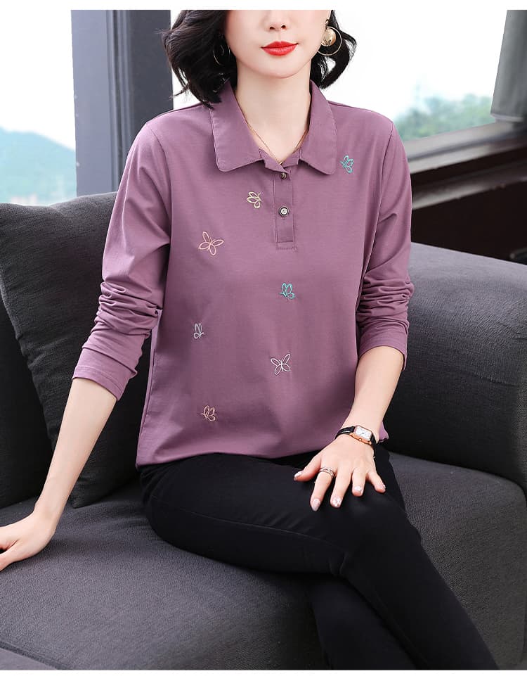 2026 새로운 가을 의상 외출용 긴팔 티셔츠 여성 루즈핏 폴로 칼라 슬림해 보이는 연령 감소 POLO 칼라 맨위 엄마 가을 의상 상세 이미지 10