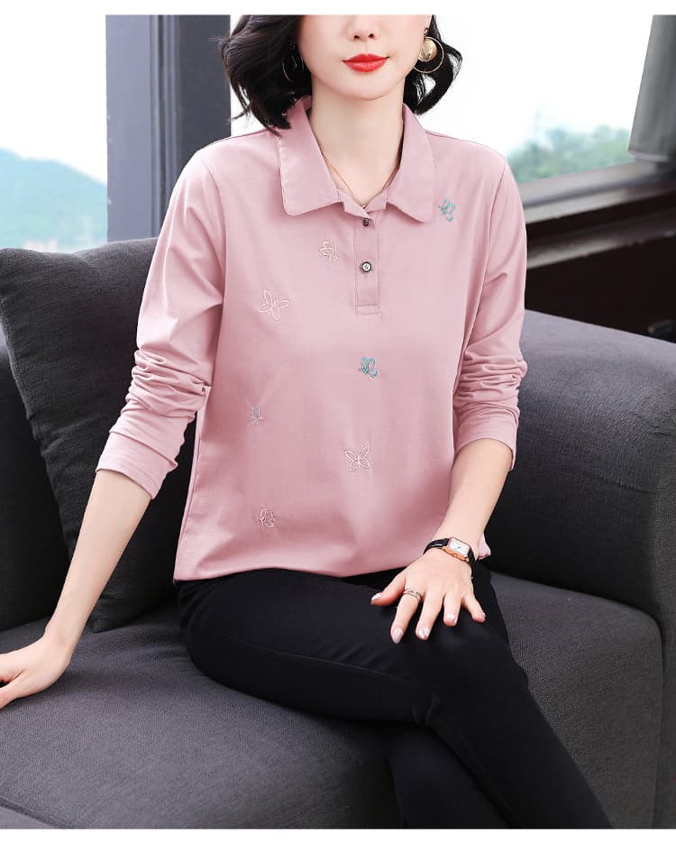 2026 새로운 가을 의상 외출용 긴팔 티셔츠 여성 루즈핏 폴로 칼라 슬림해 보이는 연령 감소 POLO 칼라 맨위 엄마 가을 의상 상세 이미지 16