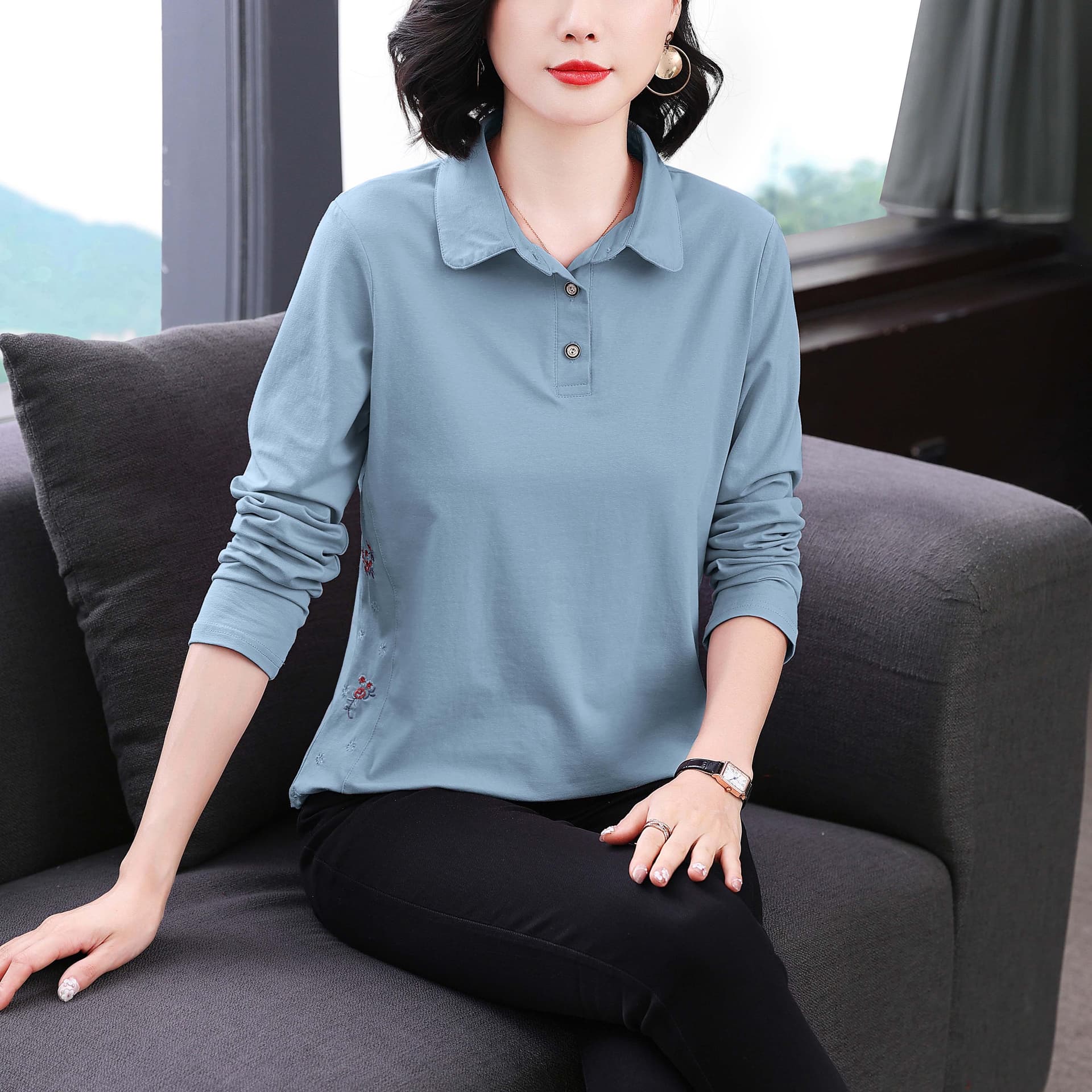 2026 새로운 엄마 봄 가을 기본 셔츠 폴로 칼라 긴팔 티셔츠 빅 사이즈 중노년 가을 의상 순면 여성 맨위 이미지 3