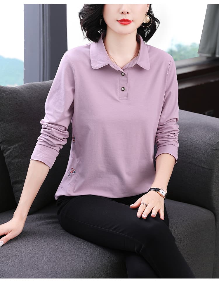 2026 새로운 엄마 봄 가을 기본 셔츠 폴로 칼라 긴팔 티셔츠 빅 사이즈 중노년 가을 의상 순면 여성 맨위 상세 이미지 10