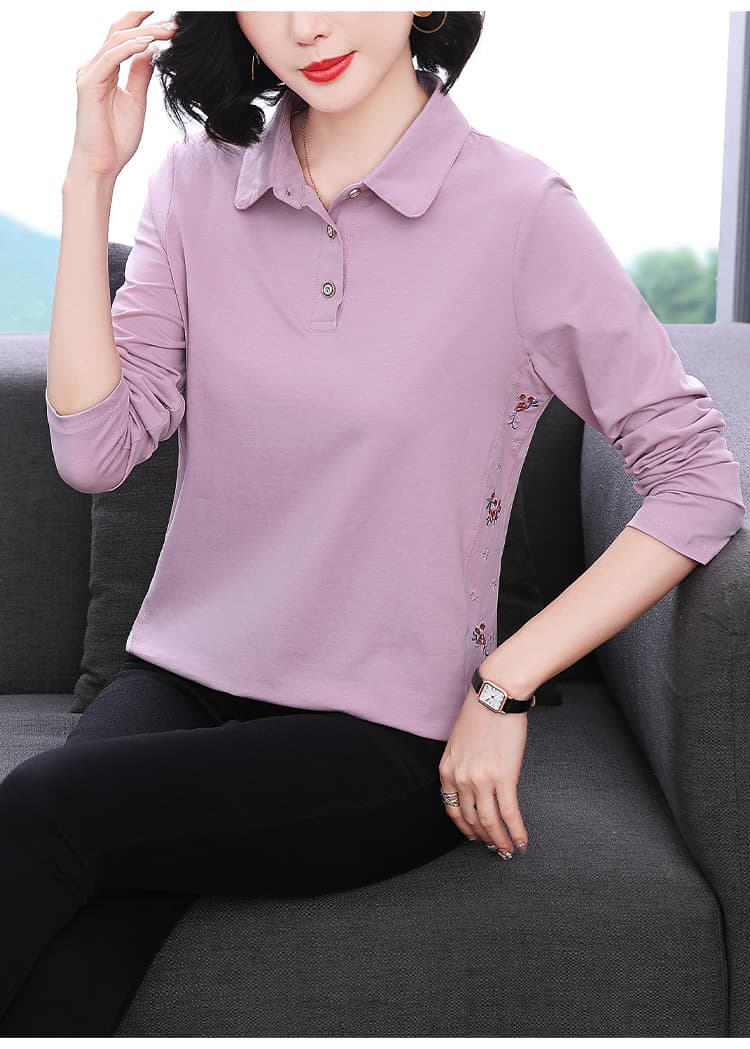 2026 새로운 엄마 봄 가을 기본 셔츠 폴로 칼라 긴팔 티셔츠 빅 사이즈 중노년 가을 의상 순면 여성 맨위 상세 이미지 11