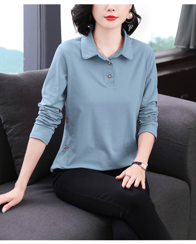 2026 새로운 엄마 봄 가을 기본 셔츠 폴로 칼라 긴팔 티셔츠 빅 사이즈 중노년 가을 의상 순면 여성 맨위 상세 이미지 16