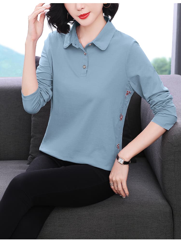 2026 새로운 엄마 봄 가을 기본 셔츠 폴로 칼라 긴팔 티셔츠 빅 사이즈 중노년 가을 의상 순면 여성 맨위 상세 이미지 17