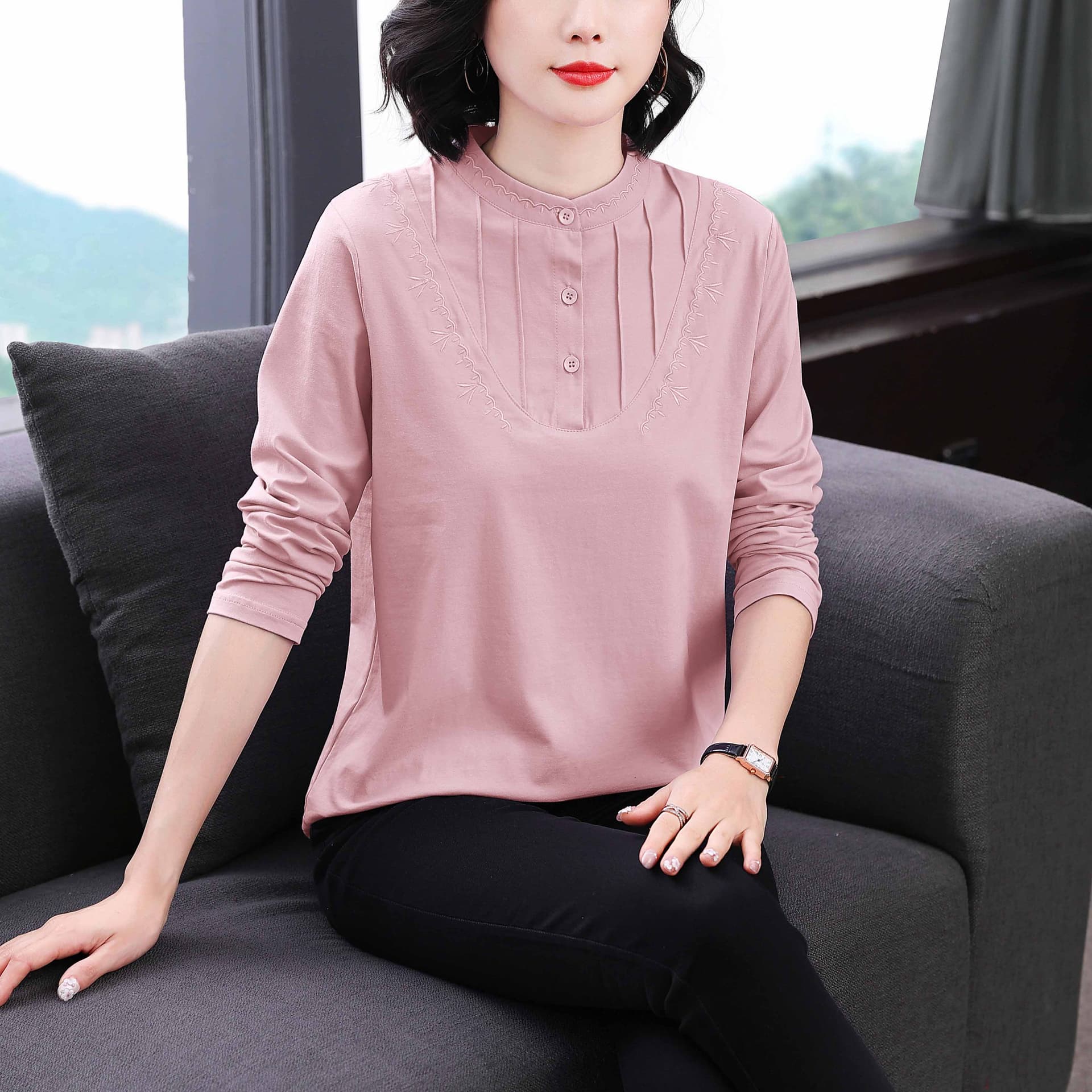 2026 여성 새로운 맨위 엄마 긴팔 티셔츠 여성 지방 mm 빅 사이즈 여성 의류 외국 가스 스탠드 칼라 인사이드 가져 가라. 기본 셔츠 이미지 3