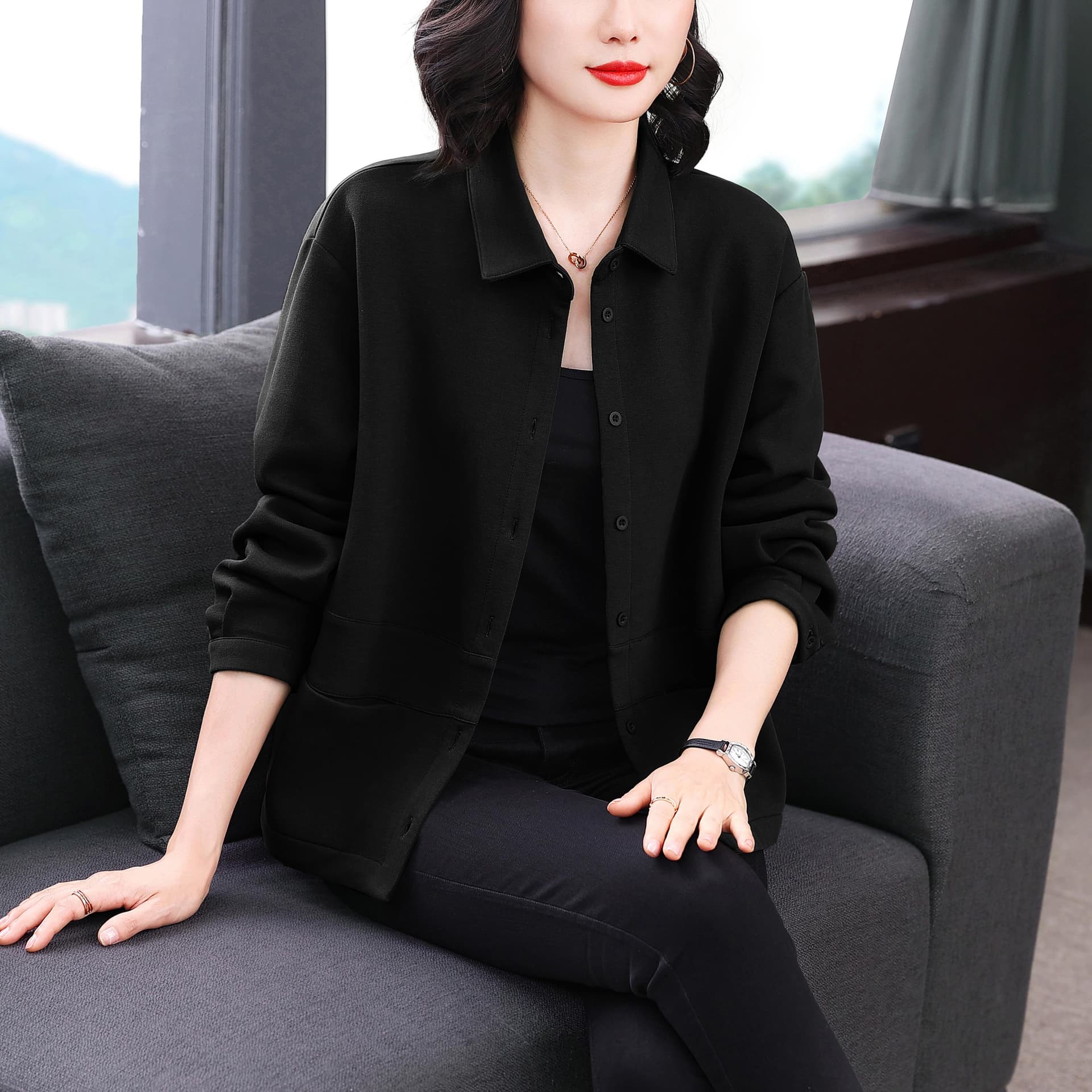 실사 2026 년 가을 새로운 폴로 칼라 얇은 여성 코트 루즈핏 캐주얼 다용도 패션 쇼트 스타일 맨위 이미지 3